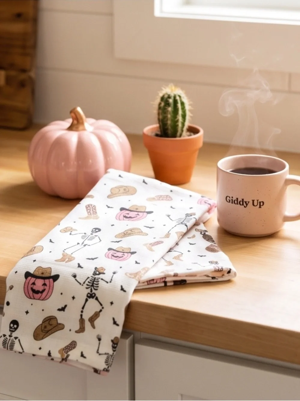 Halloween Cowboy Skeleton Cotton Tea Towel - White, Pink, Brown